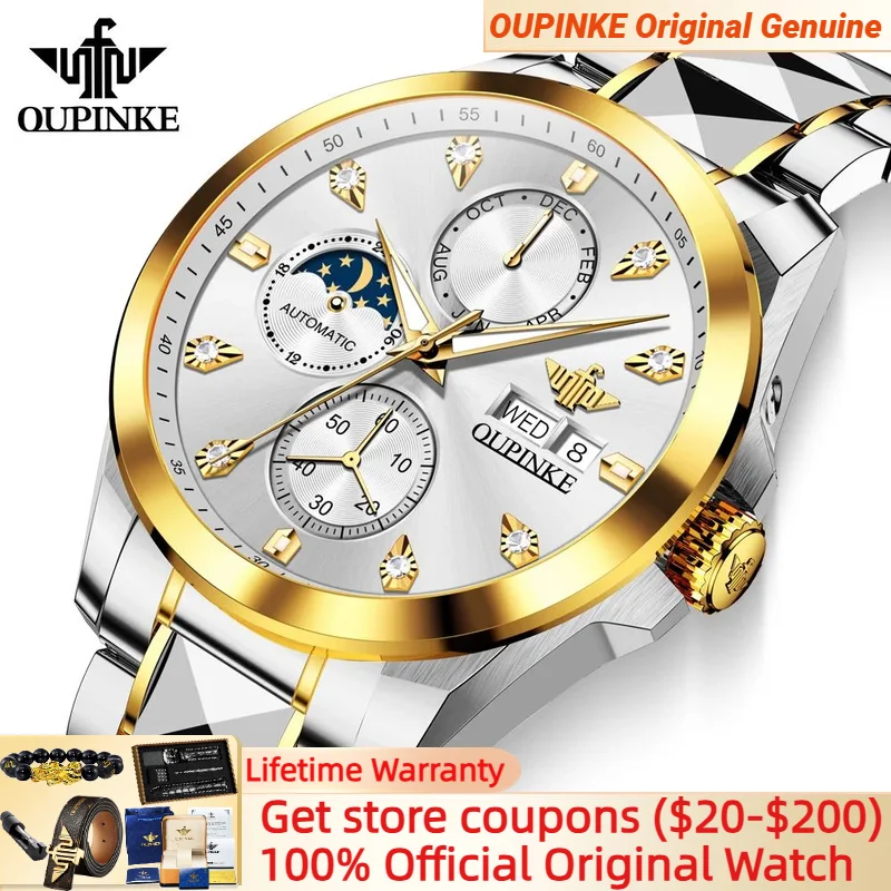 OUPINKE 3298 Automatic Men's Watch Moon phase Waterproof Multifunctional Watch Diamond Scale Mechanical Watch for Men