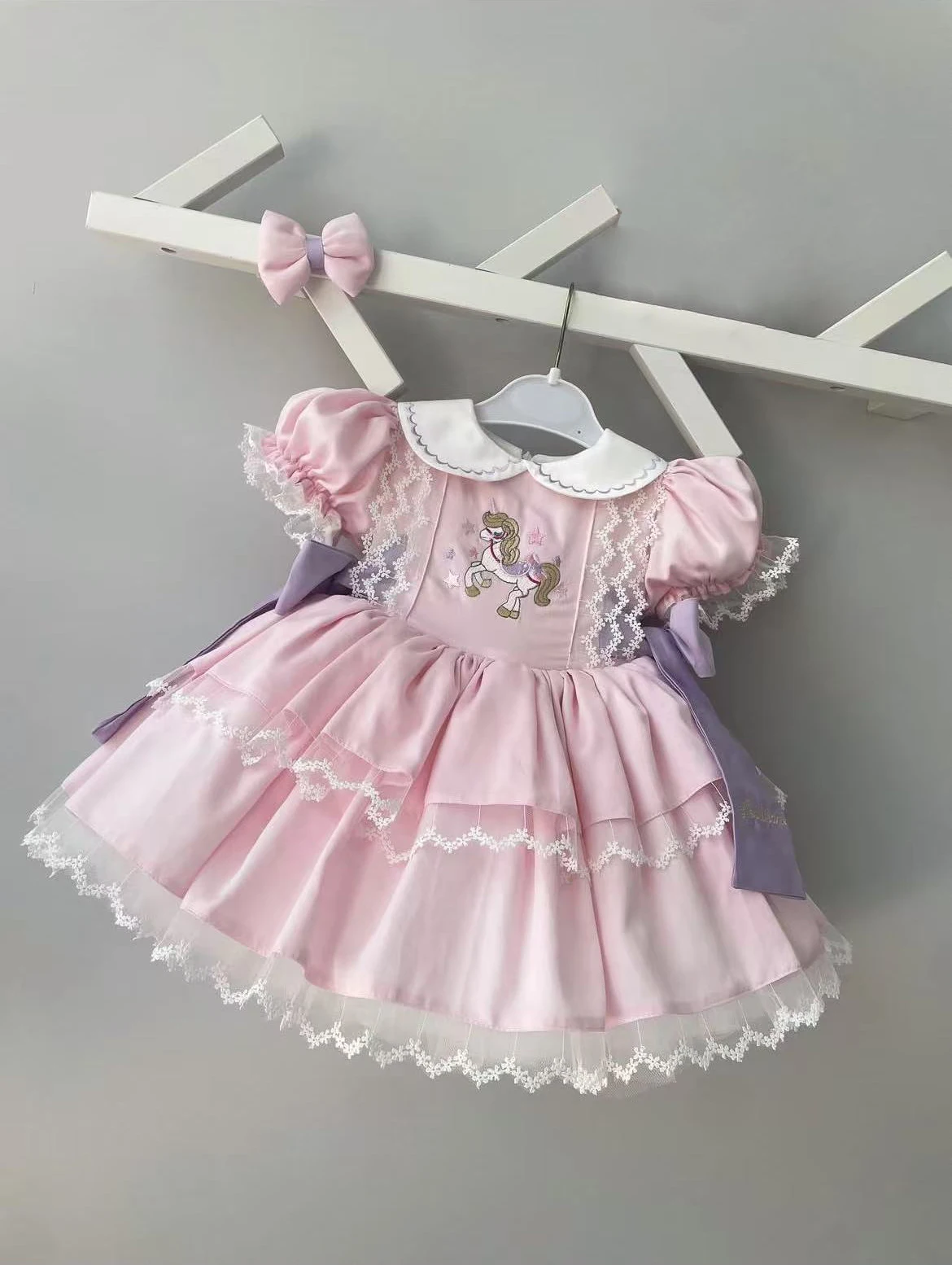 

0-12Y Baby Girl Summer Pink Horse Embroidery Vintage Princess Ball Gown Dress for Party Eid Birthday Usual Photograph B361