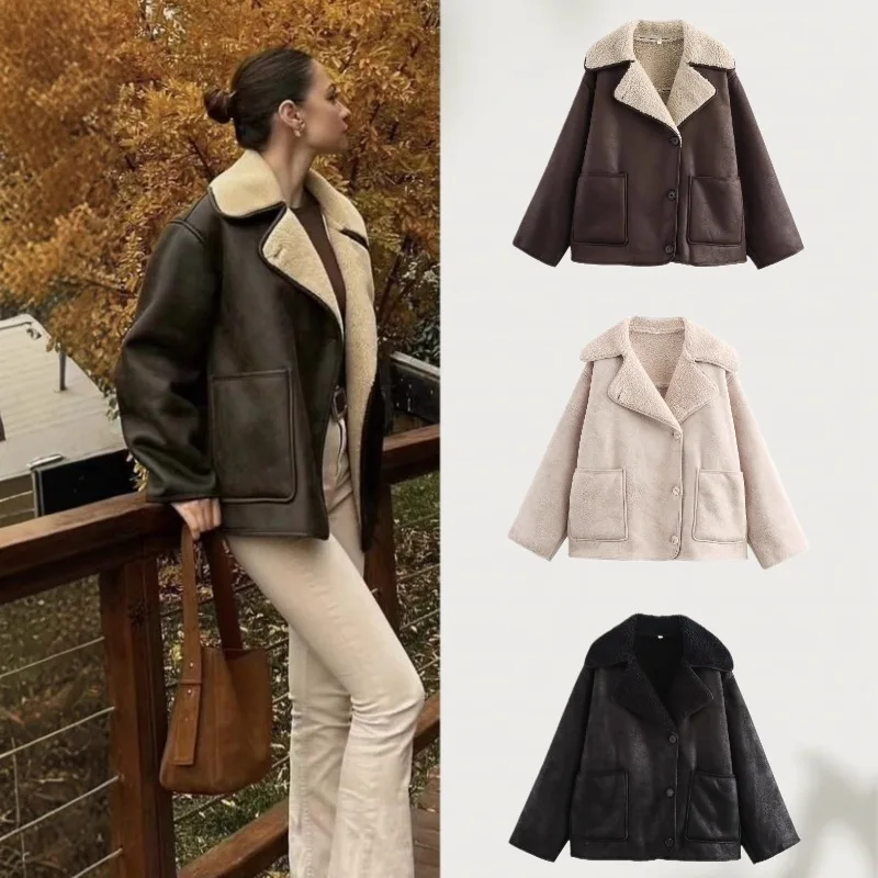 

Autumn/Winter Women's Faux Leather Double-Sided Lapel Long-Sleeve Jacket Fashionable Lapel Single-Breasted Double Pocket Coat