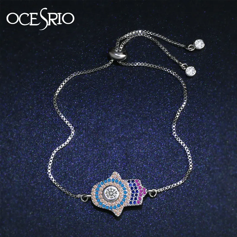 OCESRIO Cubic Zirconia Lucky Hand of Fatima Hamsa Evil Eye Bracelet Adjustable Charm Bracelet for Women Fashion Jewelry brt-a08