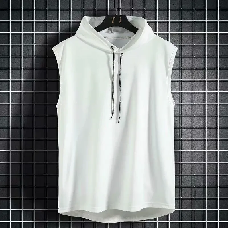 Trendy Summer Sport Basketball Running Slim Fit Men's Hooded Vest Sleeveless T-shirt Casual Scene Drawstring Crewneck Top