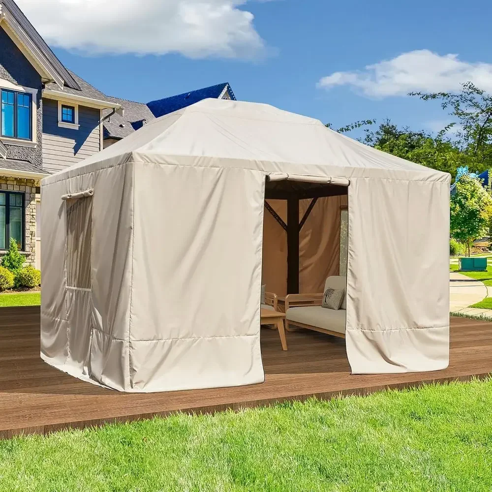 10'x13' Outdoor Winter Gazebo Cover with Sidewalls and Mesh Windows, Beige - Converts Gazebo into Storage