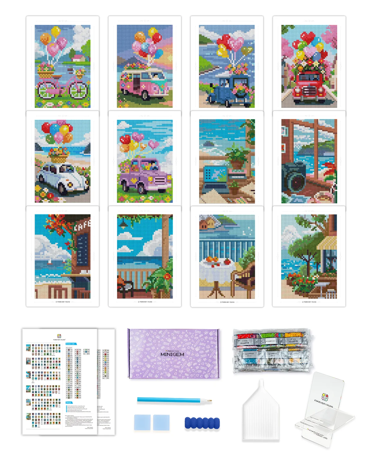 Foreveryoung 12Pcs Mini Diamond Art Kits 5x7 Inch Resin Square Drill for Beginners Sea Echo & Dream Journey Sets