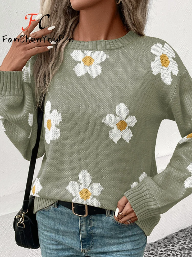 Otoño Invierno nuevo suéter de mujer moda cuello redondo manga larga Top de punto Casual elegante Floral holgado exquisito jersey femenino