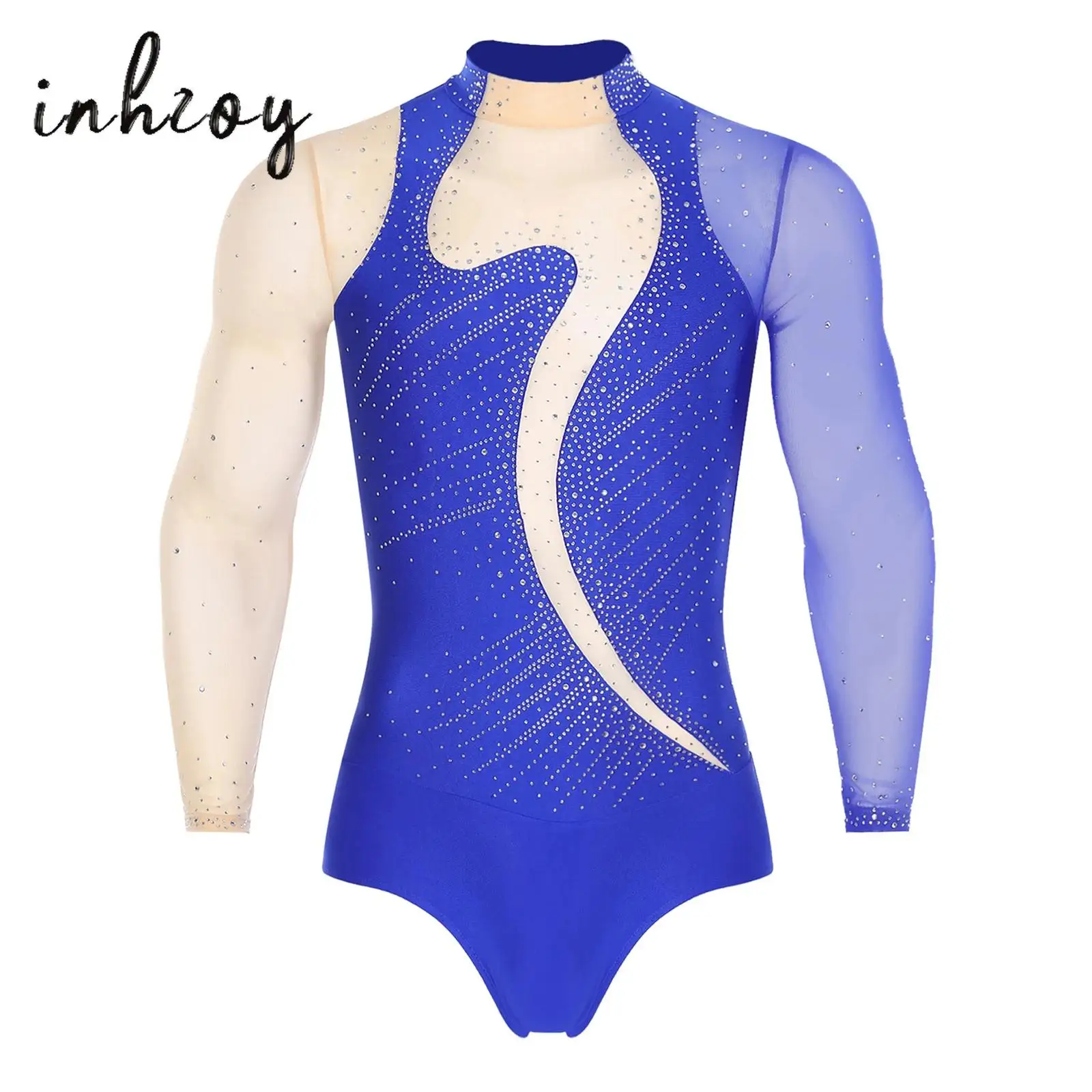 

Men Figure Skating Dance Costume Training Jumpsuit Contrast Color Shiny Rhinestones Crotch Press Buttons Leotard for Gymnastics