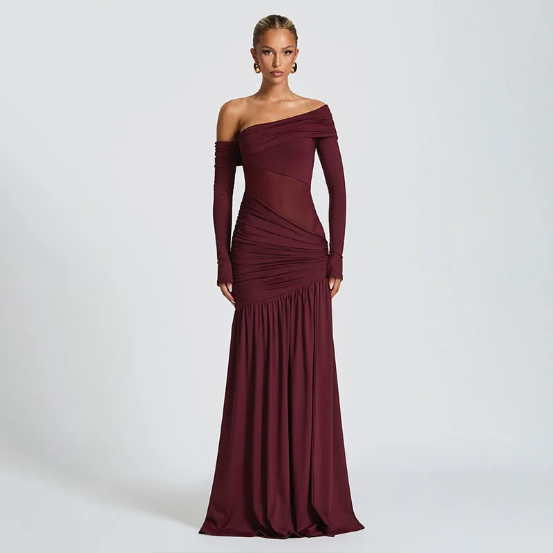 ZHIO Neues Kleid mit schrägem Kragen und langen Ärmeln, sexy schulterfreies Maxikleid mit seitlichem Schlitz, elegantes rückenfreies enges langes Clubkleid für Damen – Detail 3