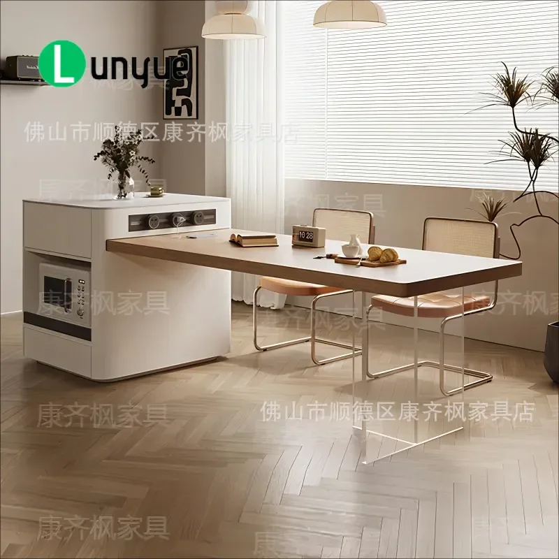 Modern Cream Wind Island Dining Table with Integrated Retractable Microwave Oven Compact Kitchen Furniture for Small