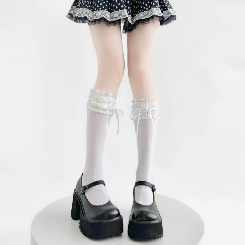 Sweet Lolita Mid Length Socks With Lace Frill Trim And Bow Ornament Japanese Stackable Design Comfort Teen Girls Stockings