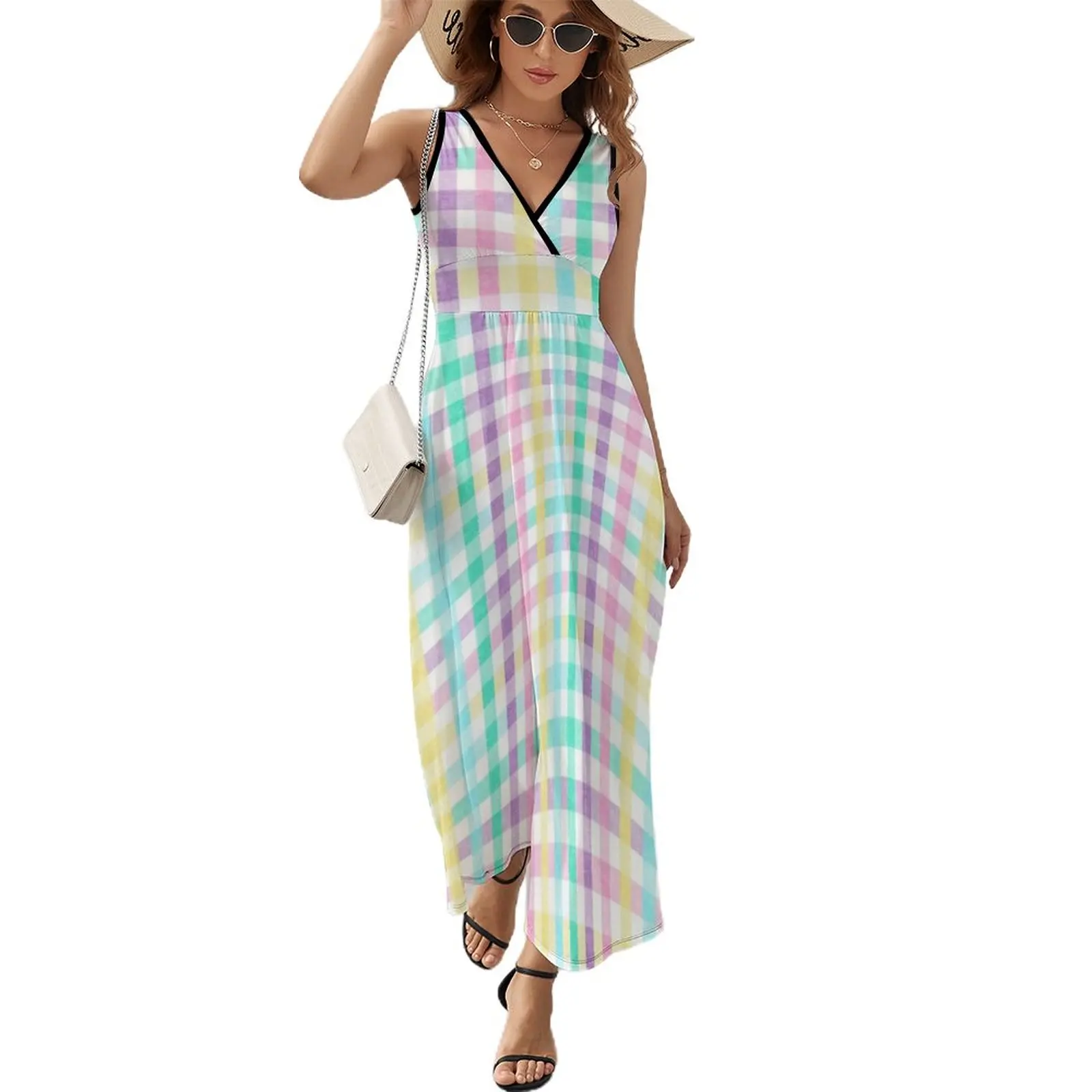 Spring Plaid - Pastel Easter Check Sleeveless Dress Prom gown evening dress ladies