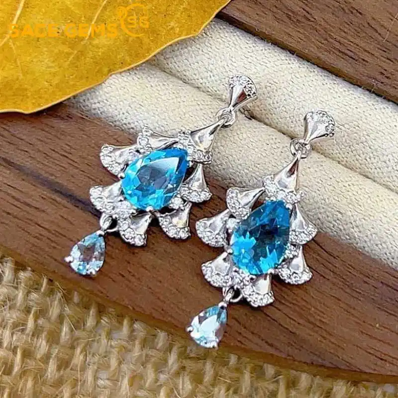 SACE GEMS Fashion Earrings for Women 925 Sterling Silver 5*7MM Natual Swiss Blue Topaz Stud Earrings Wedding Party Fine Jewelry