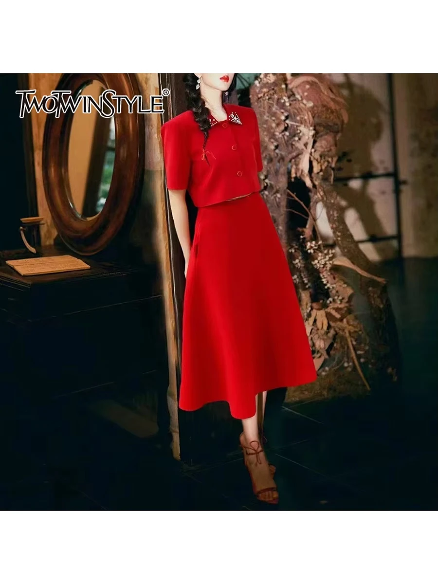 TWOTWINSTYLE Solid Two Piece Set For Women Lapel Short Sleeve Top High Waist Loose Skirt Elegant Sets Female Fashion Style New