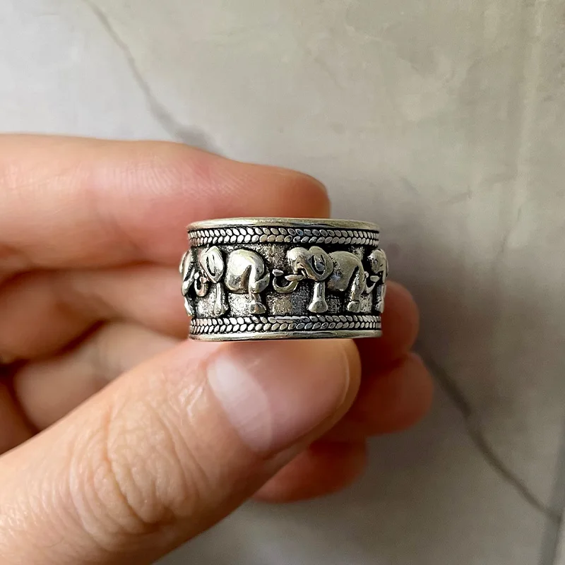 Retro Elephant Wide Ring For Women Men Silver Color Vintage Ethnic Style Open Ring Punk Gothic Accessories Designer Jewelry Gift