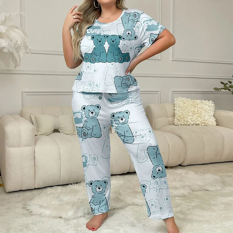 

Summer Oversized Pajamas Set Women's EUUS T-irt ort Sve Long Pants Milk Silk Thin Nine-point Sve round Ne Home Wear