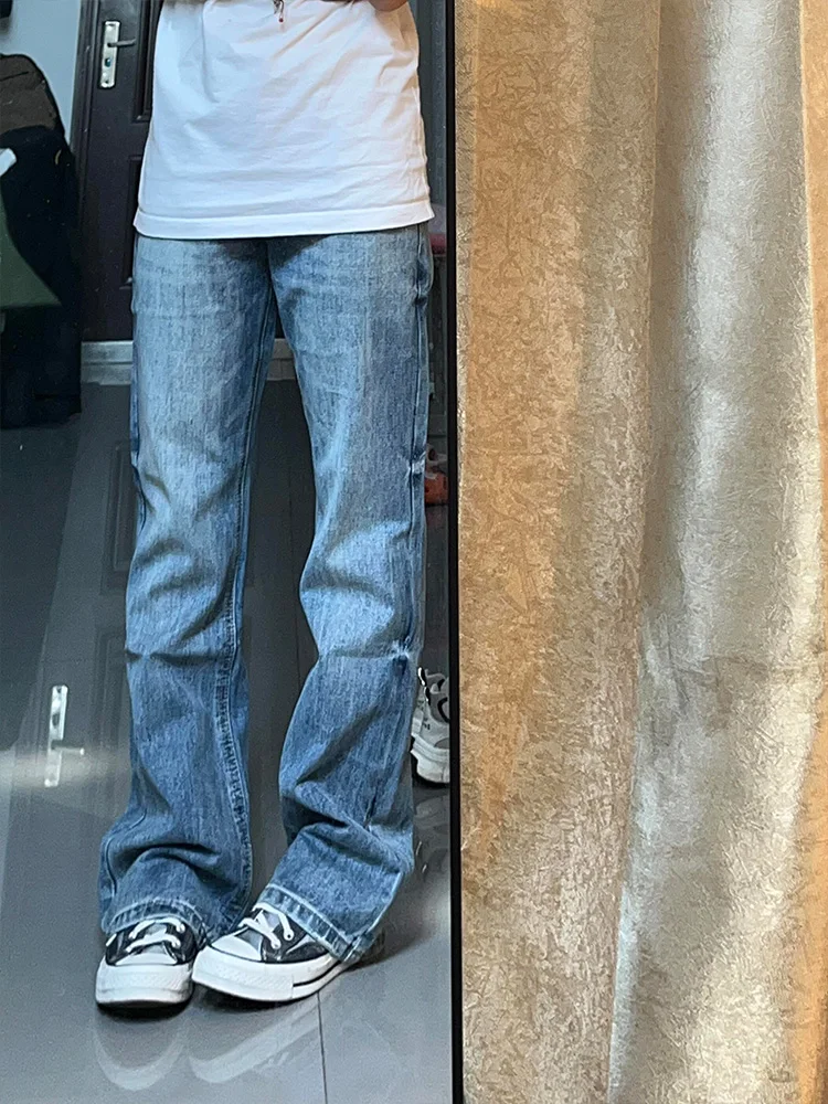 

Retro American Blue Straight Leg Jeans Men's Autumn Cleanfit Washed Flared Pants Loose Slimming Floor-Length Trousers