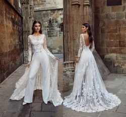 Illusion Long Sleeve Wedding Jumpsuit with Remove Train Lace Floral Sheer customsized Beach Bohemain Bridal Dress Pant Suit