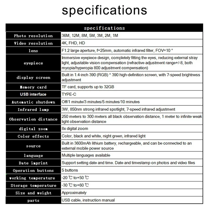Новинка 4K HD портативный инфракрасный Монокуляр Регулируемый 36MP 8X цифровой зум цифровое ночное видение Охота ABS 1 комплект
