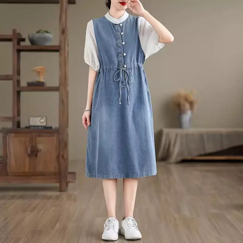 Fashionable Splicing Short Sleeve Denim Dress For Women Summer 2024 New Chinese Style Button Up Light Color Jeans Dresses K1019