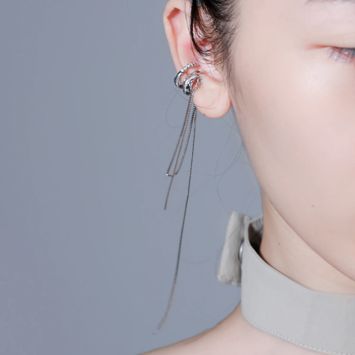 F.I.N.S 1PC Original Tassel Box Chain 100% S925 Sterling Silver Ear Clip Double-Layer Zircon Earrings No Ear Hole Catilage Jewel