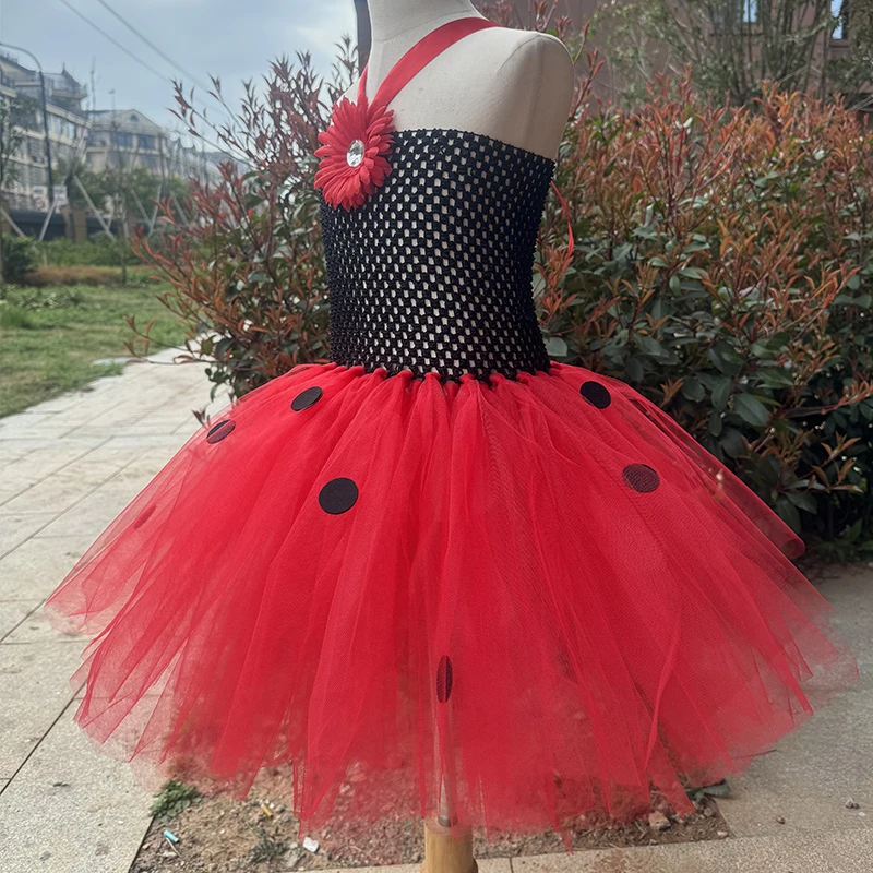 Girls Ladybird Tutu Dress Dots Flowers Girl Fancy Dress Insect Red Bug Cosplay Costume for Kids Halloween Carnival Party Clothes