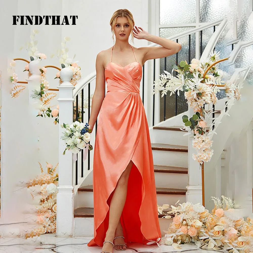 Findthat Elegant Halter A-Line Bridesmaid Dress for Wedding Backless Satin Ruched V-Neck Asymmetrical Prom Party Gown Customized