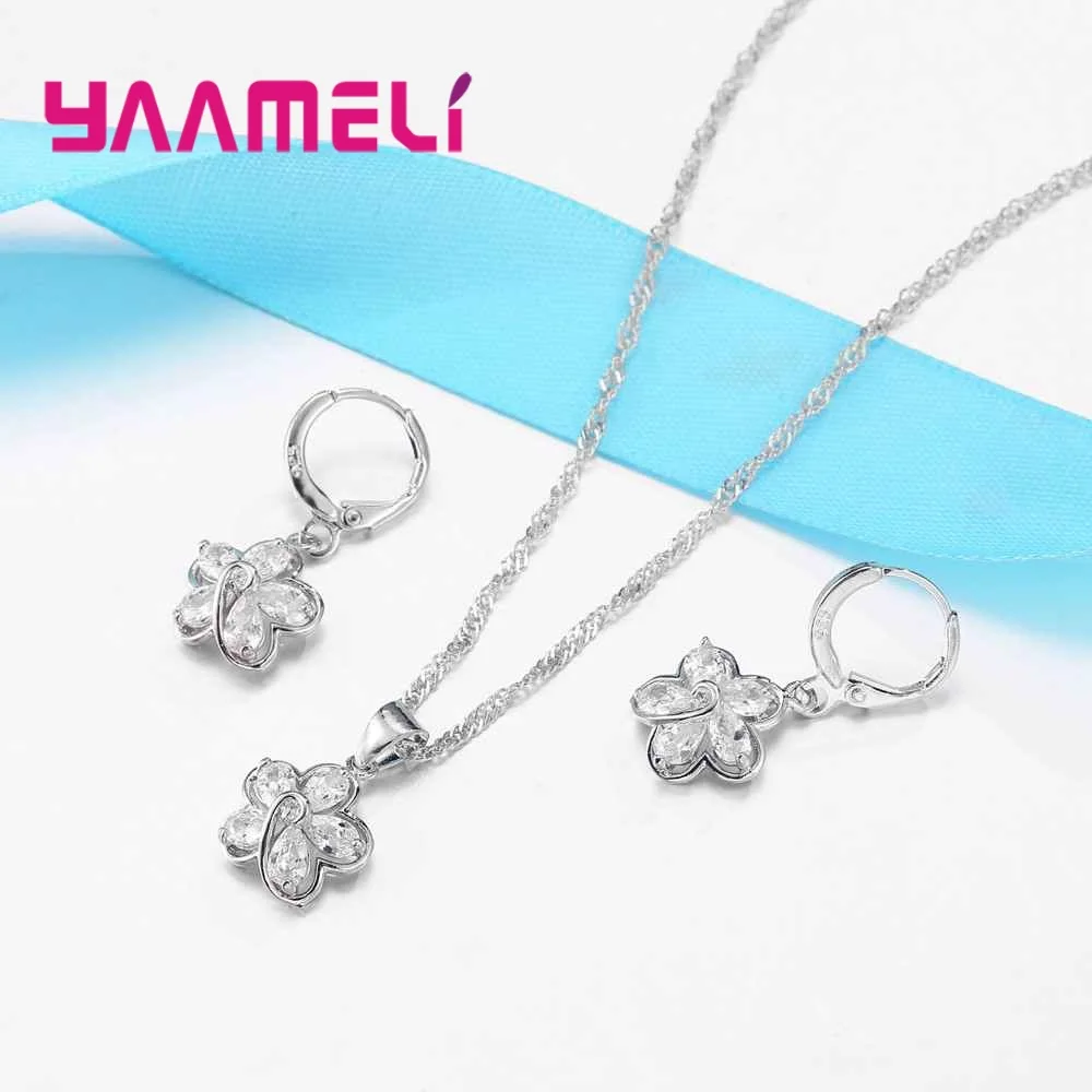 Free Shipping Trendy Bridal Wedding 925 Sterling Silver Jewelry Sets For Women Statement Necklaces Earrings Set Lady