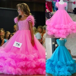 Vestido de desfile de plumas para niñas, traje Formal de tul con volantes y correa para abalorios, ideal para fiesta de cumpleaños, 2024