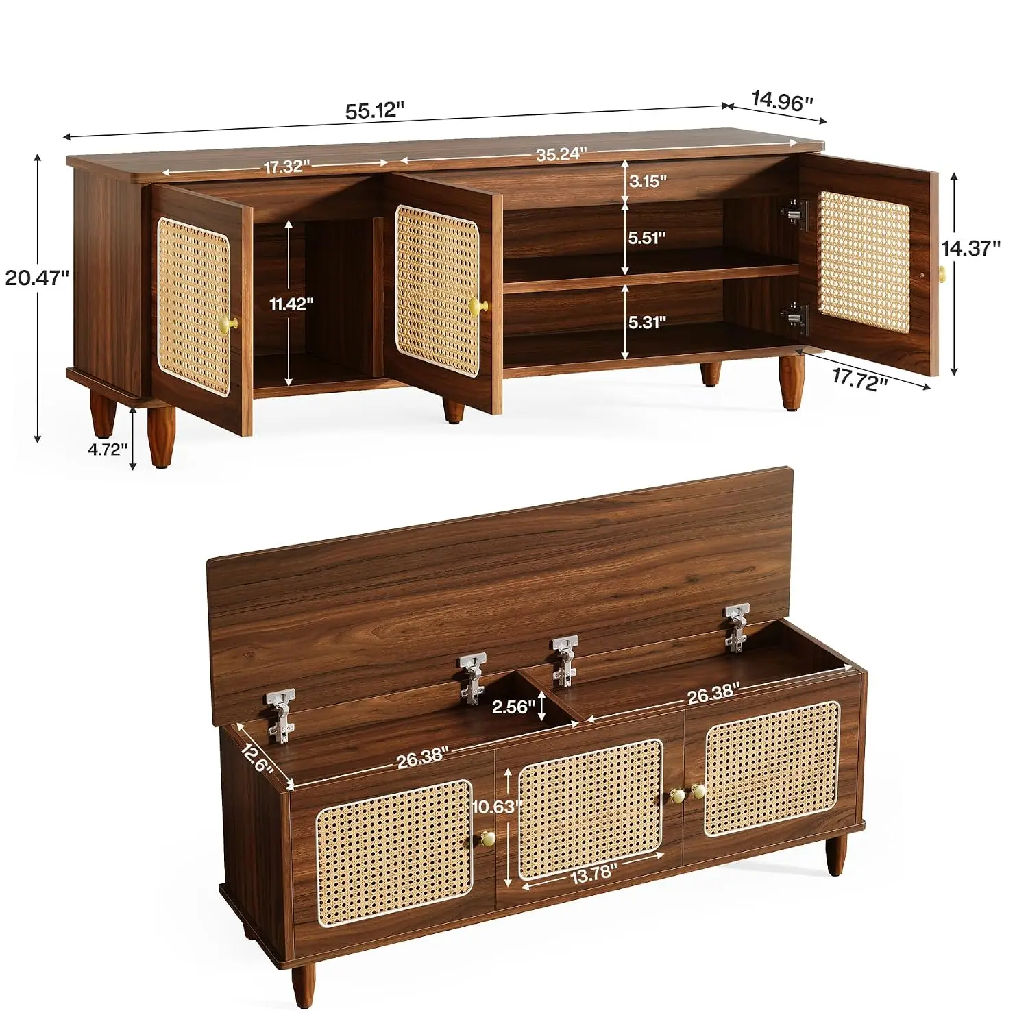 Shoe Bench with Lift Top Storage, 2-Tier Bench with Rattan Doors, 55