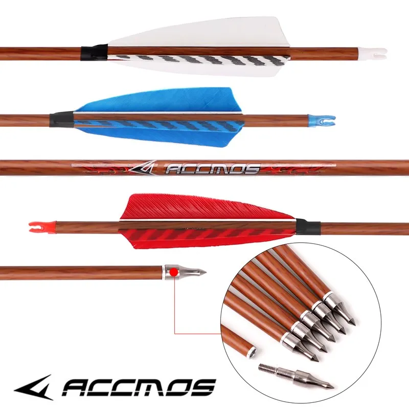 6/12pc Wood Skin Pure Carbon Arrows 31 inch Spine 350 400 450 500 550 600 700  for Longbow Recurve Bow Hunting