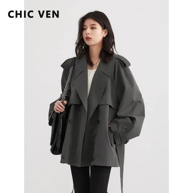 

CHIC VEN Women Trench Coat Loose Raglan Long Sleeved Double Breasted Ladies Windbreaker Overcoat with Belt Spring Autumn 2024