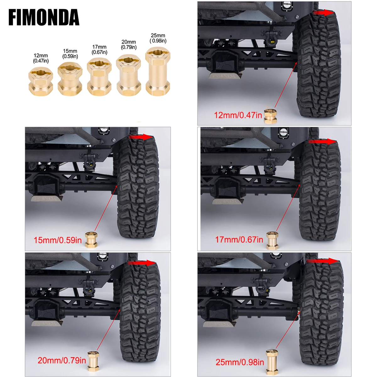 2 cores-4 peças adaptadores hexagonais de roda estendida de latão resistente 12/15/17/20/25mm para 1/10 RC Crawler Axial SCX10 II 90046 D90