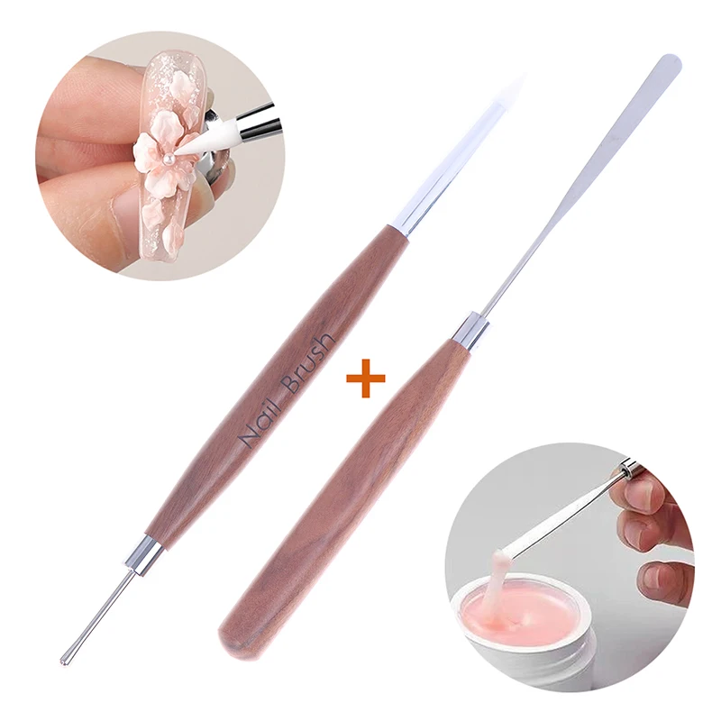 2 Pcs Professional Double-ended Silicone Head Carving Dotting Pen Sandalwood Handle Swirl Nail Painting Pen DIY Carving Pen Tool