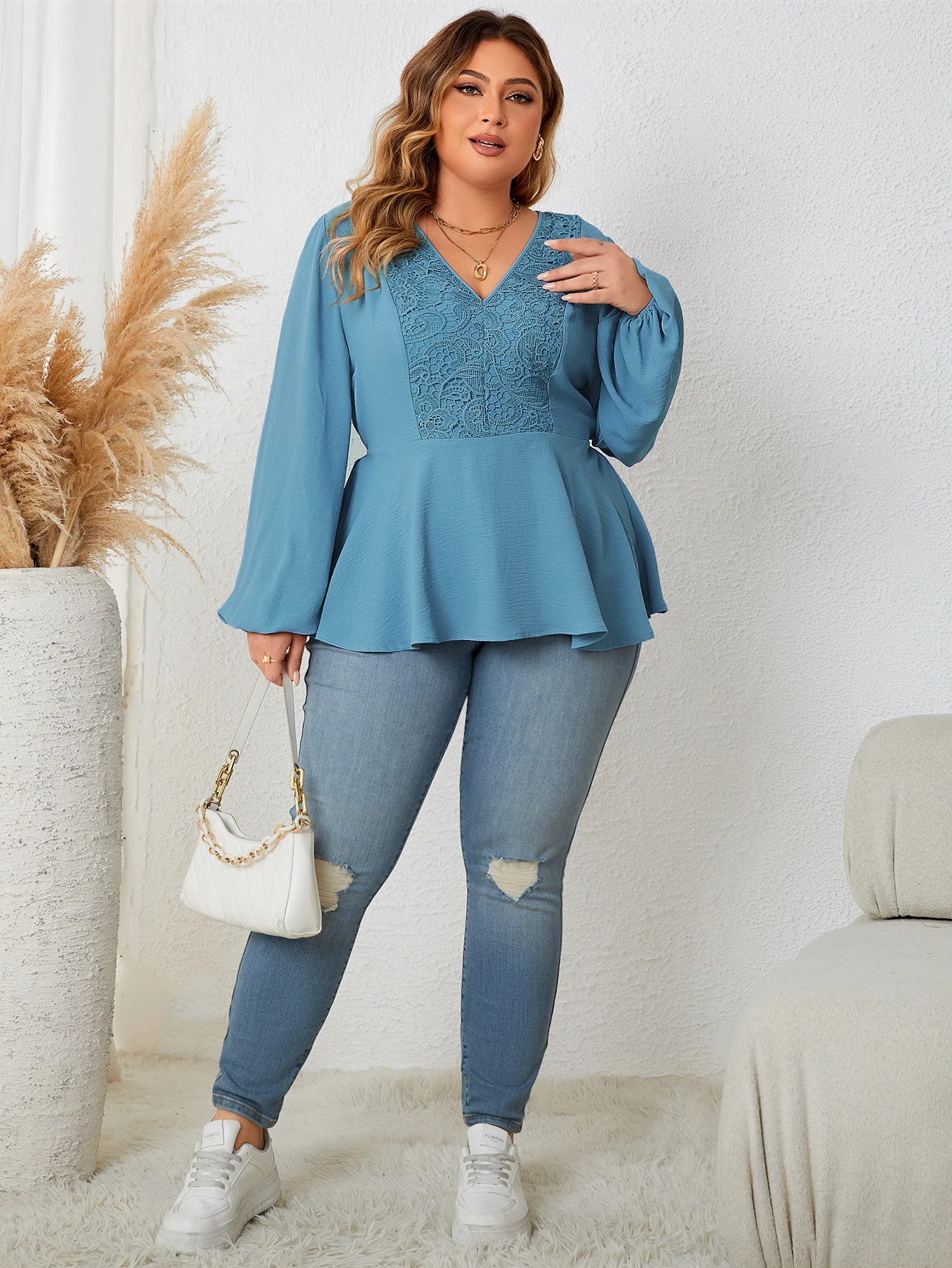 KEBY ZJ Plus Size V Neck Contrast Lace Women's Top Fashion Vintage Full Lantern Sleeve Elegant Peplum Blouse Autumn New