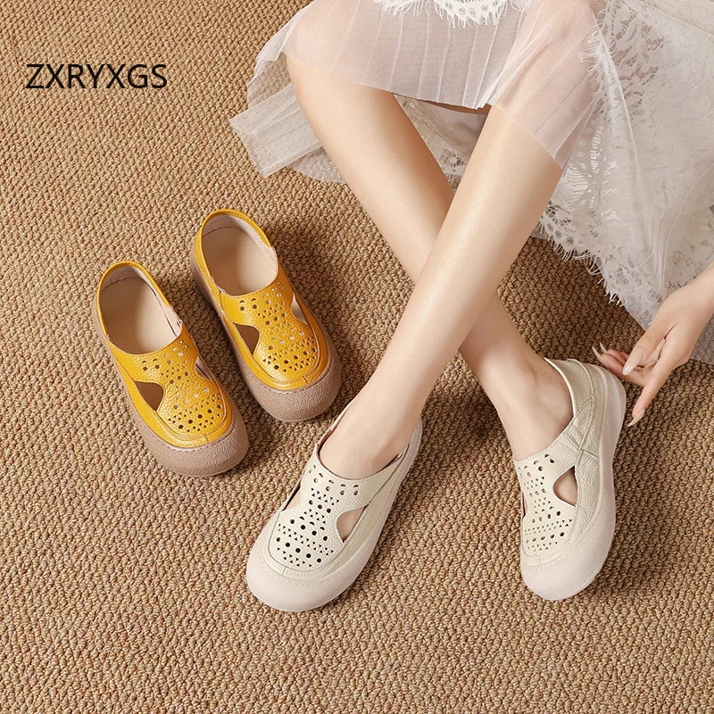 ZXRYXGS Promotion 2026 Round Toe Hollow Real Leather Sandals Casual Shoes New Summer Women Sandals Breathable Soft Flat Sandals