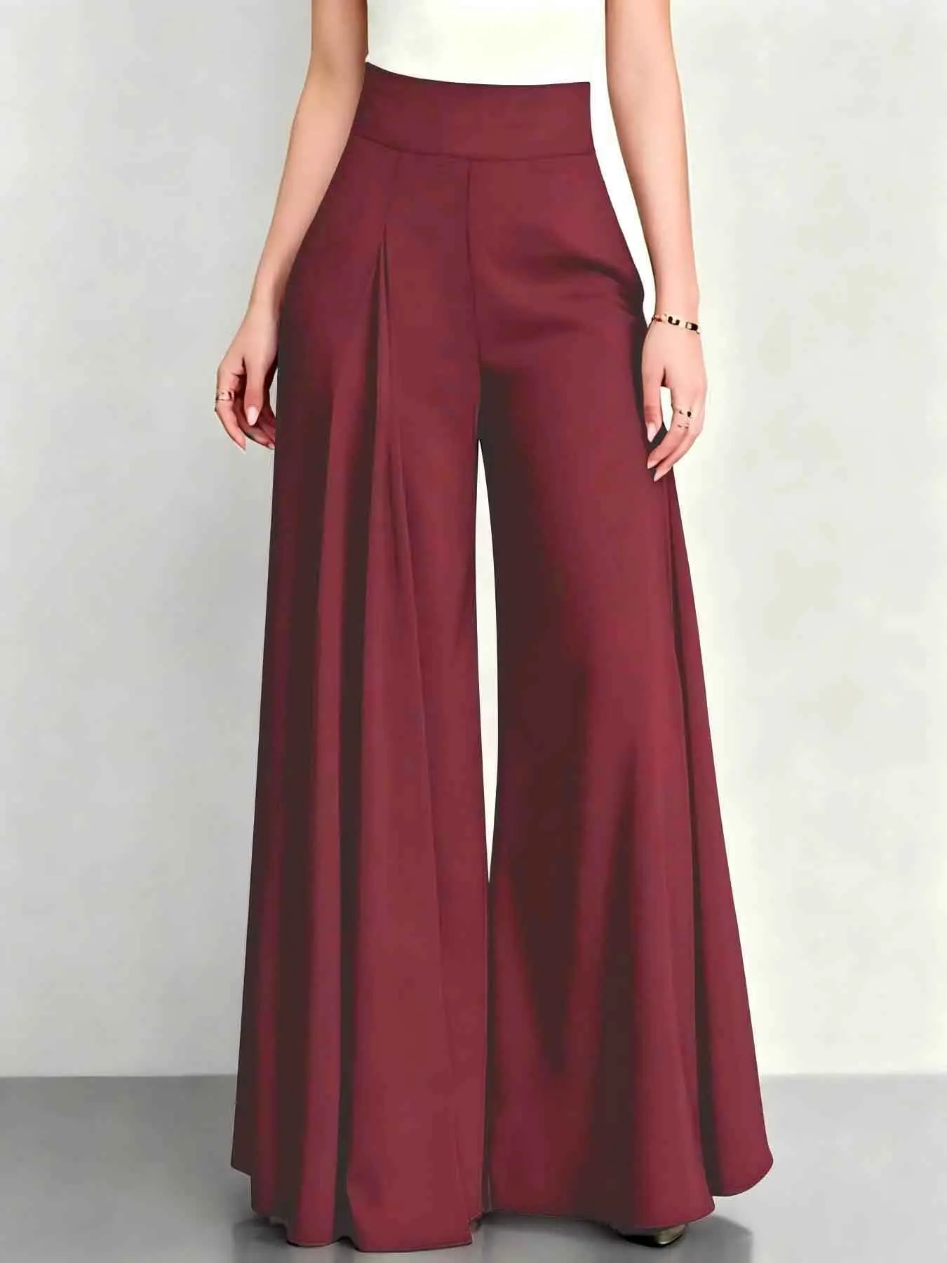 Elegant Women High Rise Pleated Palazzo Pants Solid Multi Color Loose Fit Flare Long Trousers Business Office Work Wear Wide Leg