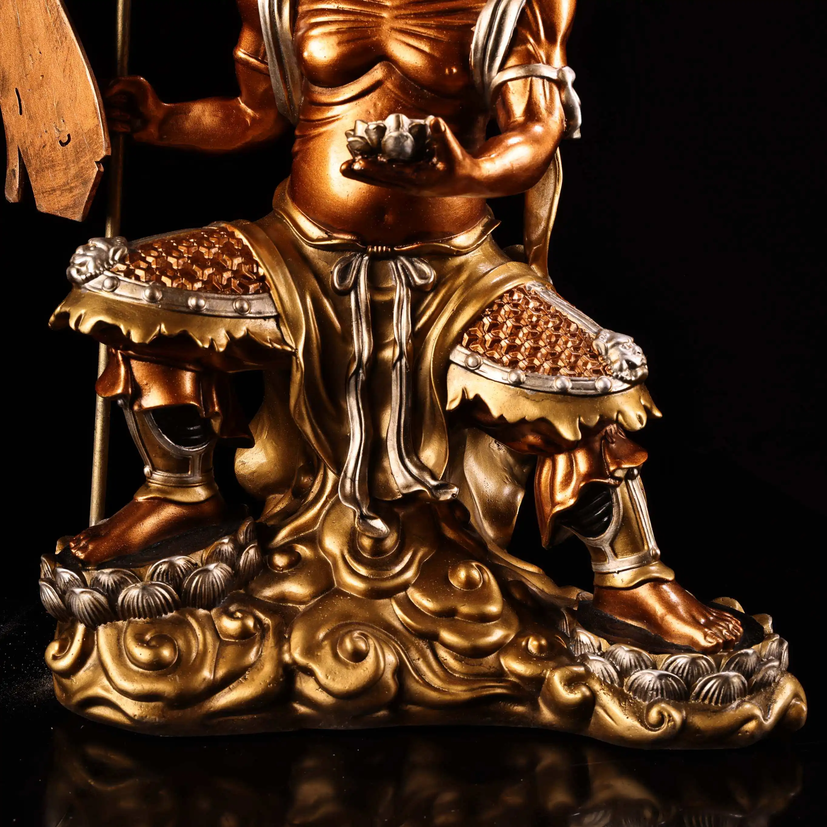 Antique Copper Mianran Dashi Buddha Statue High Relief Chiseled Gold Silver Painted Heavy Patina