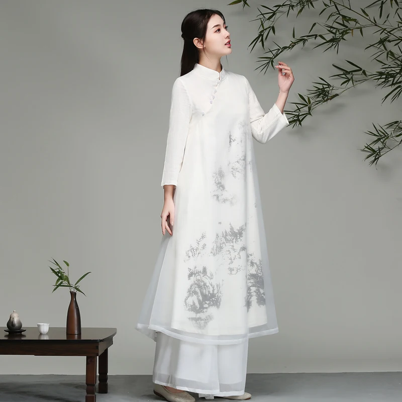 

New Traditional Vietnam Ao Dai Chinese Dress Qipao Oriental Style Tea Art Women Improved Hanfu Ao Dai Dress Chiffon Qipao