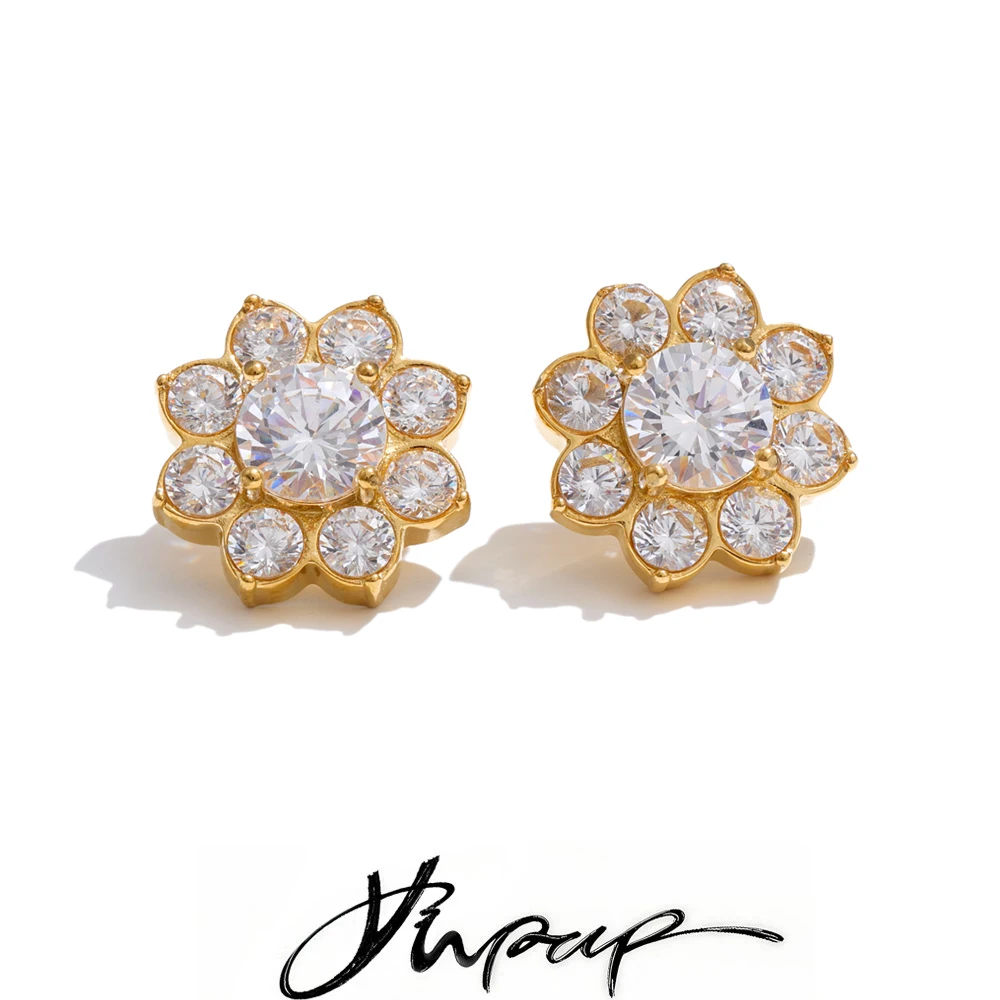 Brincos de Flor com Zircônia Cúbica Brilhante Yhpup, Joias de Moda Premium em Aço Inoxidável de Alta Qualidade