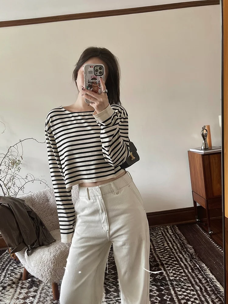 

Molin Lazy Person's Knitted Stripe T-irt Casual Long Sve round Ne Soft Comfortable Base Layer Top for Autumn Commute