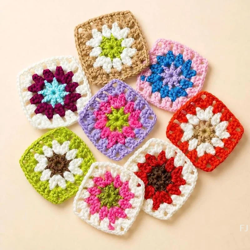 [YU]10Pcs Handmade Crochet Colorful 3D Floral Petal Appliques Premium Cotton For DIY Bags Clothes Crafts