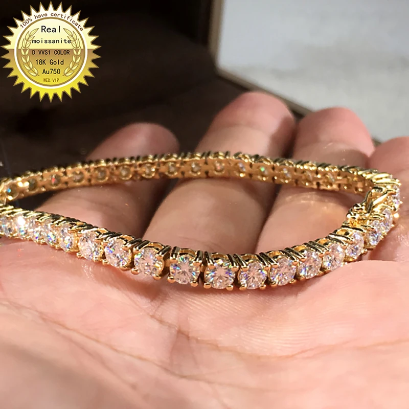 

Soild real 9K Au375 Yellow Gold Women Bracelet Moissanite Diamonds Round Wedding Party Engagement Bangles Trendy