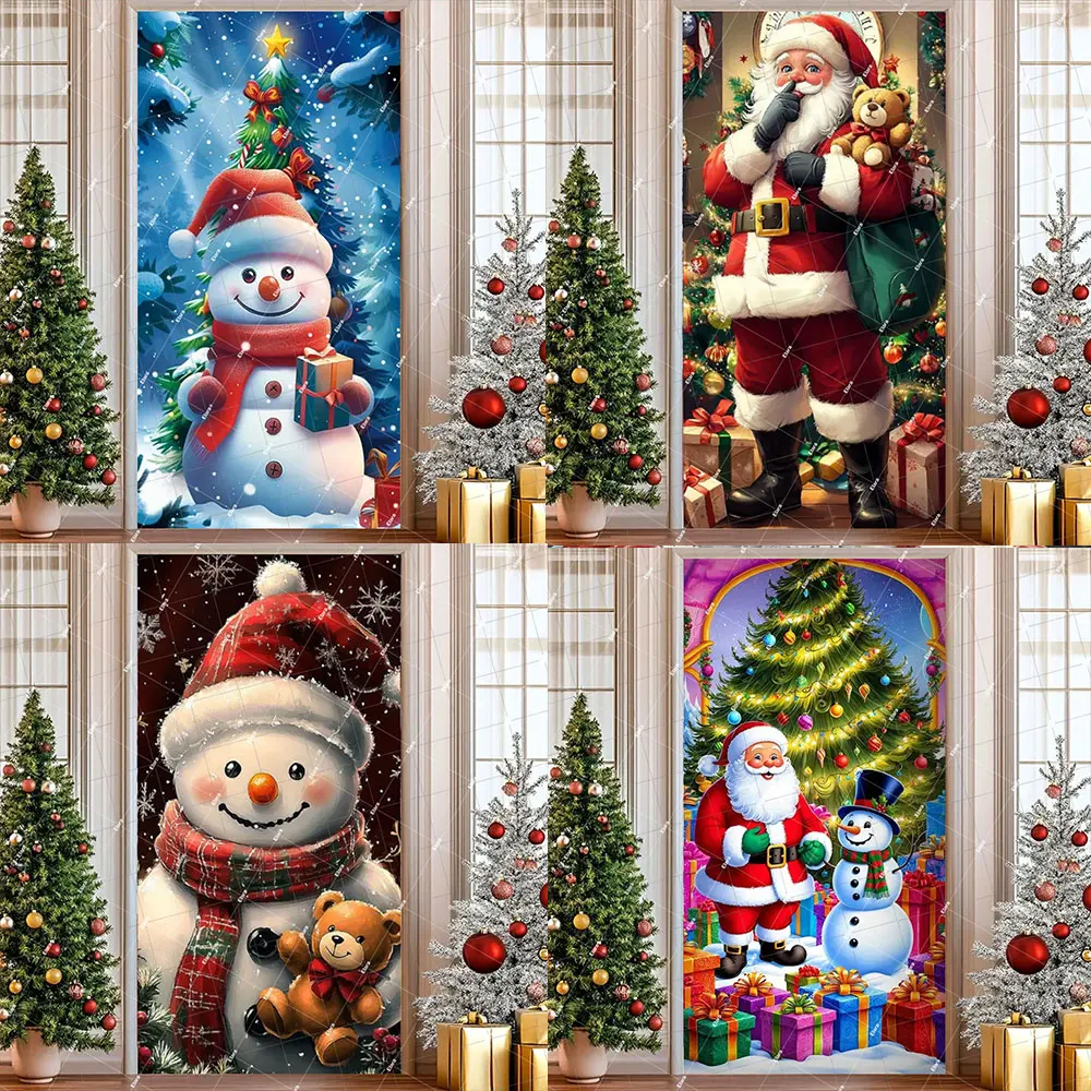 

Santa Claus Christmas Tree Snowman Door Cover Banner Photography Backdrop Festive Holiday Party Indoor Room Decoration Supplies