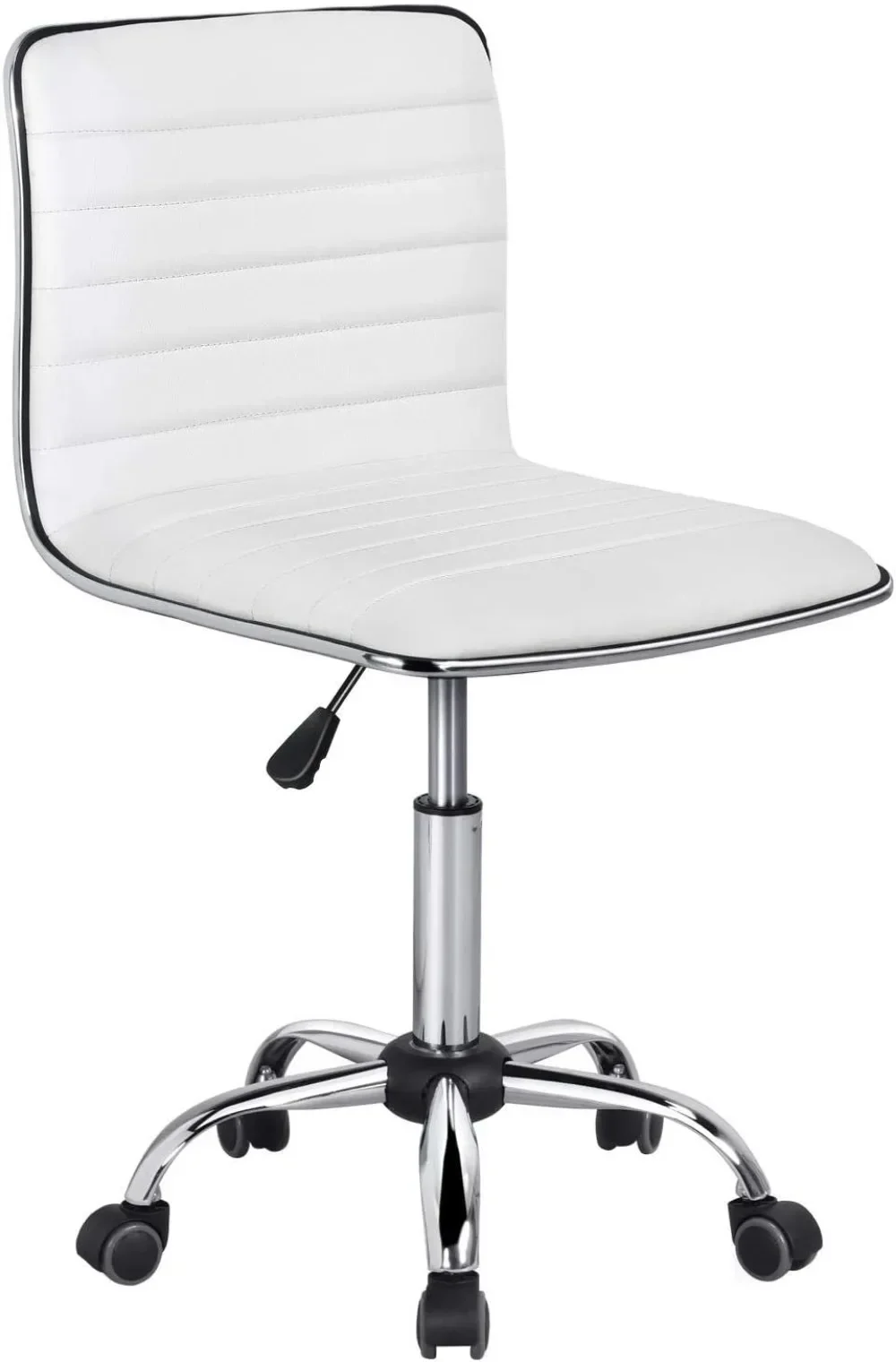 -Adjustable Task Chair PU Leather Low Back Ribbed Armless Swivel White Desk Chair Office Chair Wheels (Renewed)