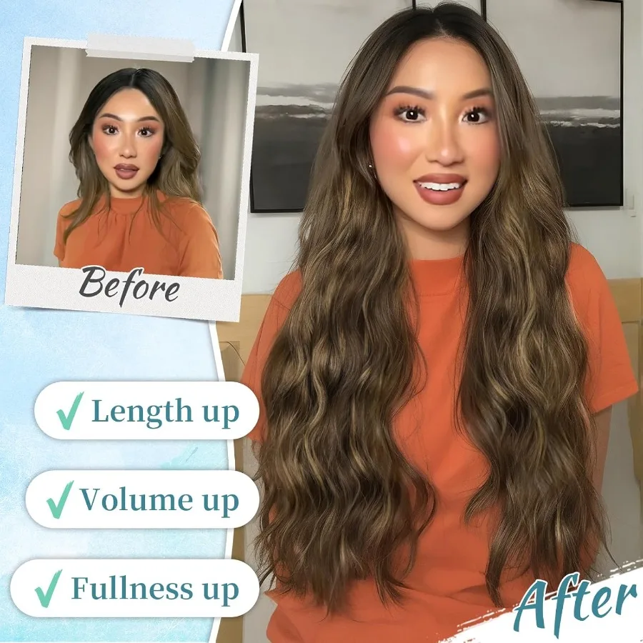 طويل متموج الاصطناعية تسليط الضوء على وصلات شعر 4 قطعة قطع الشعر السميكة Balayage الشوكولاته البني إلى الكراميل شقراء الألياف مزدوجة Wef