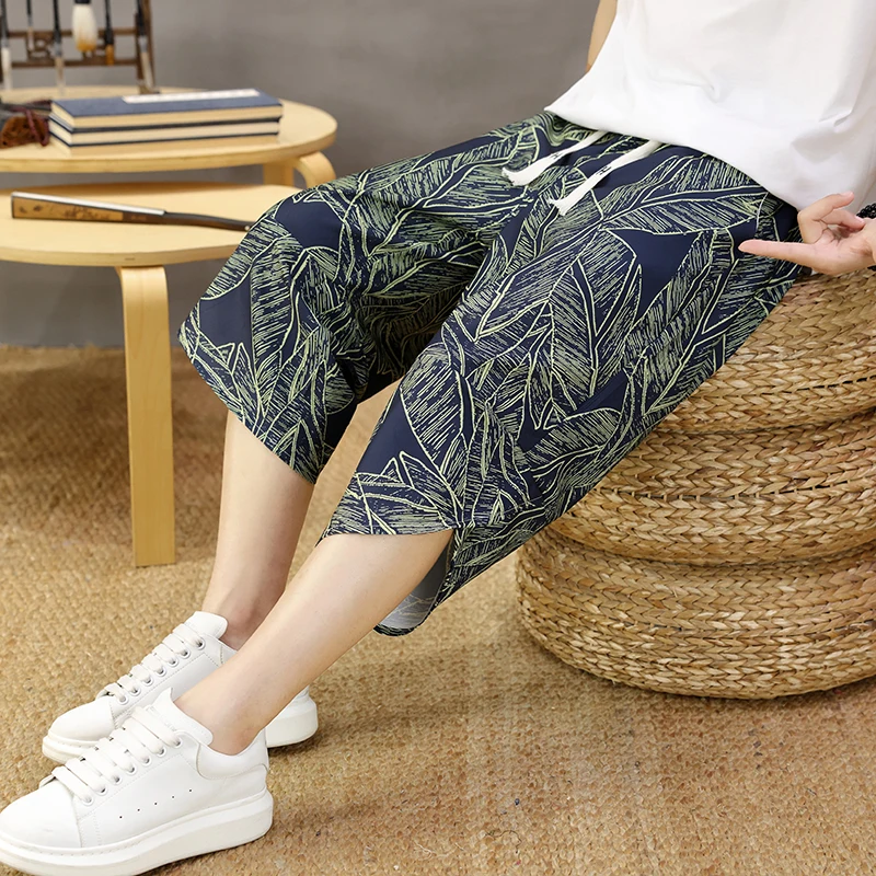 Men's Premium Ice Silk 7-point Pants New Summer Cool Patterned Printing Harem Casual Shorts Fashion Loose Street Chic Urban Wear