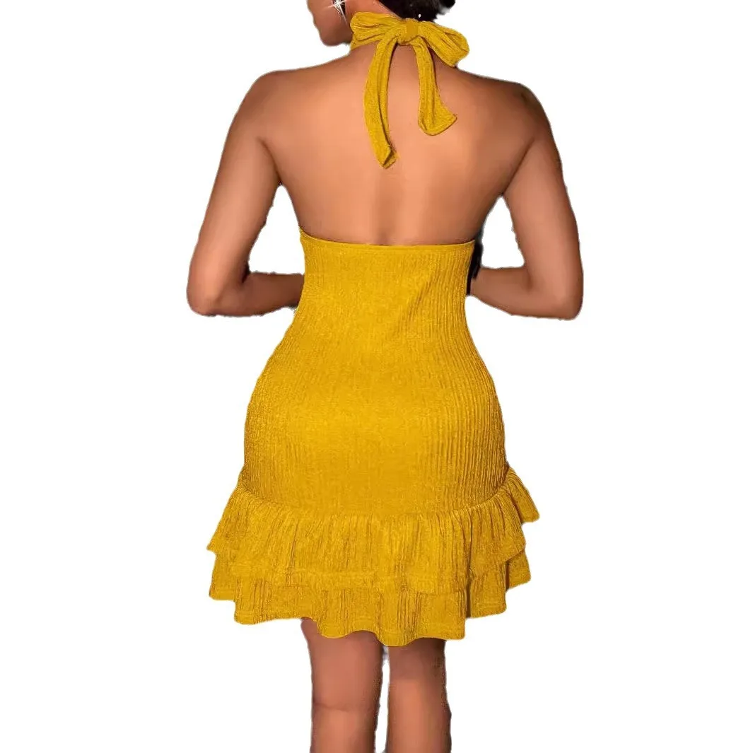Women Trendy Dress Hanging Neck Sexy Low Cut Slim Sleeveless Solid Color Robe Femme Bag Buttock Dresses 2025 Summer New Fashion