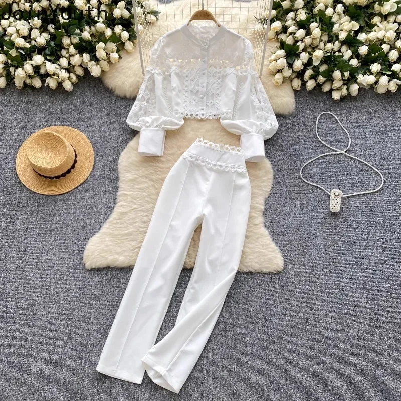 Temperament Women\'s Clothing Two Piece Sets Pants Outfits Hollow Out Lantern Sleeve Crop Shirt High Waist Straight Pants Suit