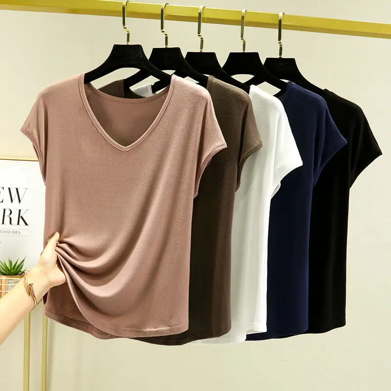 Modal V-neck Tshirt Short sleeves Summer women\'s loose casual T-shirts slim fit thin bottoming tee tops all match