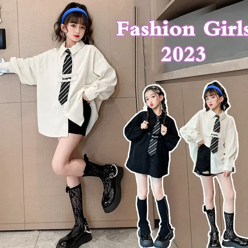 

2024 Long Sleeve Shirt Girls White Turn Down Collars Basic Casual Teen Girls Oversize Black Shirts Blouse with Tie Spring Autumn