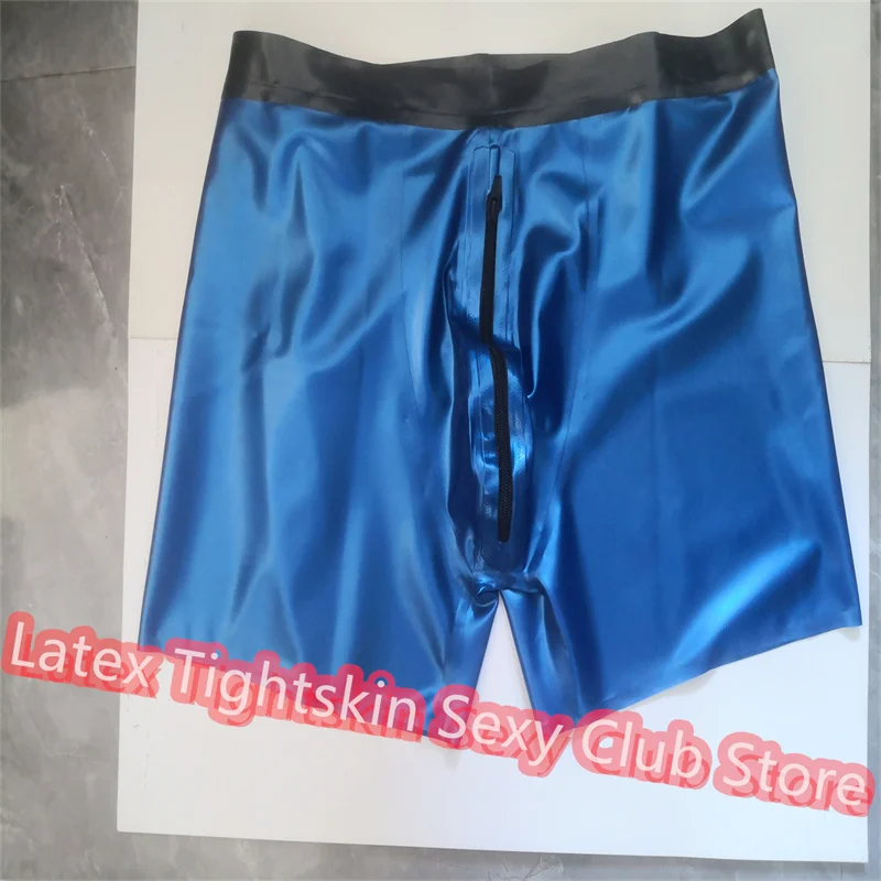 

Latex Shorts Fetish Underpants Metal Blue with Black Front Zip Rubber Boxer Underwear for Men Halloween Cosplay Costume