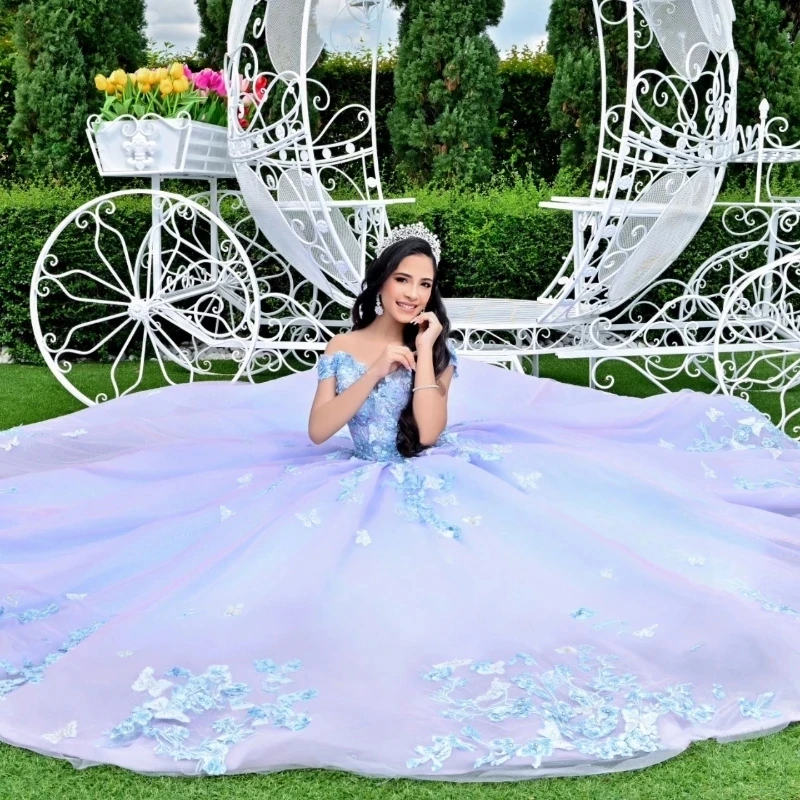 Sky Blue Lilac Sweetheart Quinceanera Dress Party Gown Appliqué Bow Beads Tull Princess Beads Crystal Off The Shoulder For 16